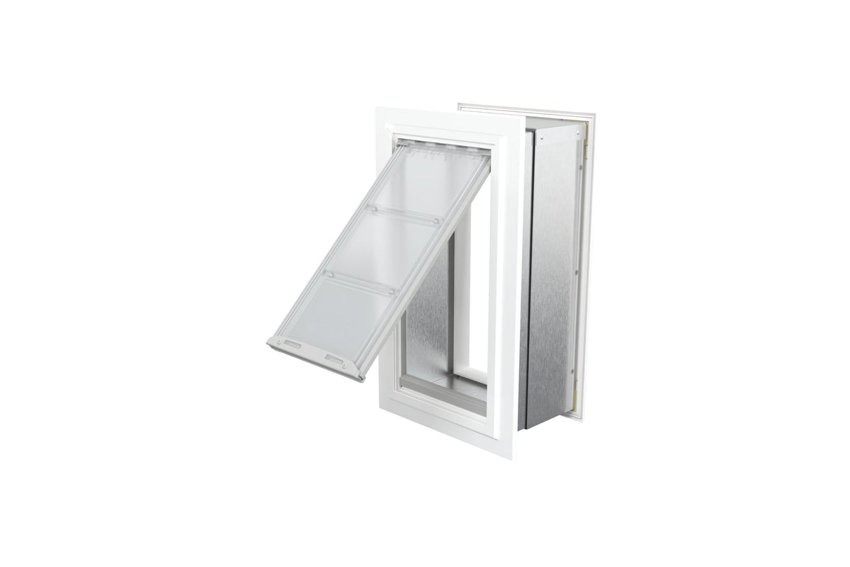Endura Flap Pet Door for Walls in White | Single Flap & Double Flap | Extra Insulated & Cold Weather Dog Door | Aluminum Frame, Telescoping Tunnel, & Locking Cover | Small, Medium, Large, Extra Large