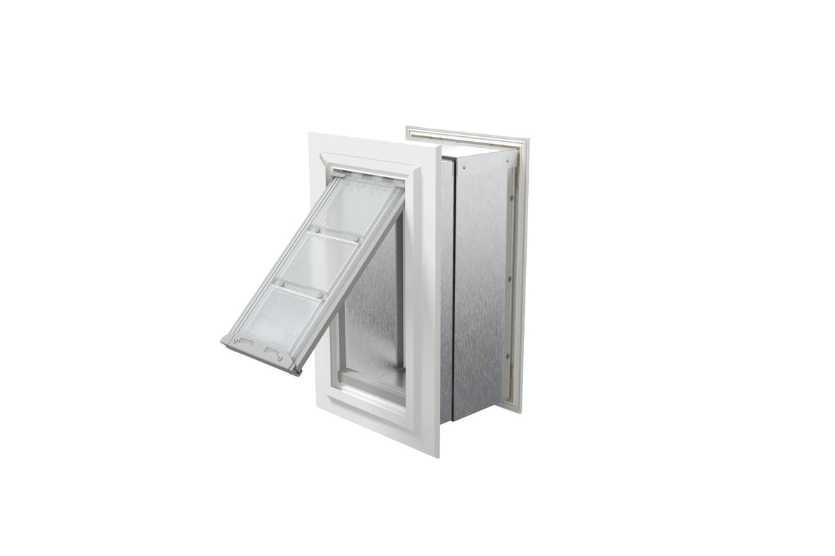 Endura Flap Pet Door for Walls in White | Single Flap & Double Flap | Extra Insulated & Cold Weather Dog Door | Aluminum Frame, Telescoping Tunnel, & Locking Cover | Small, Medium, Large, Extra Large