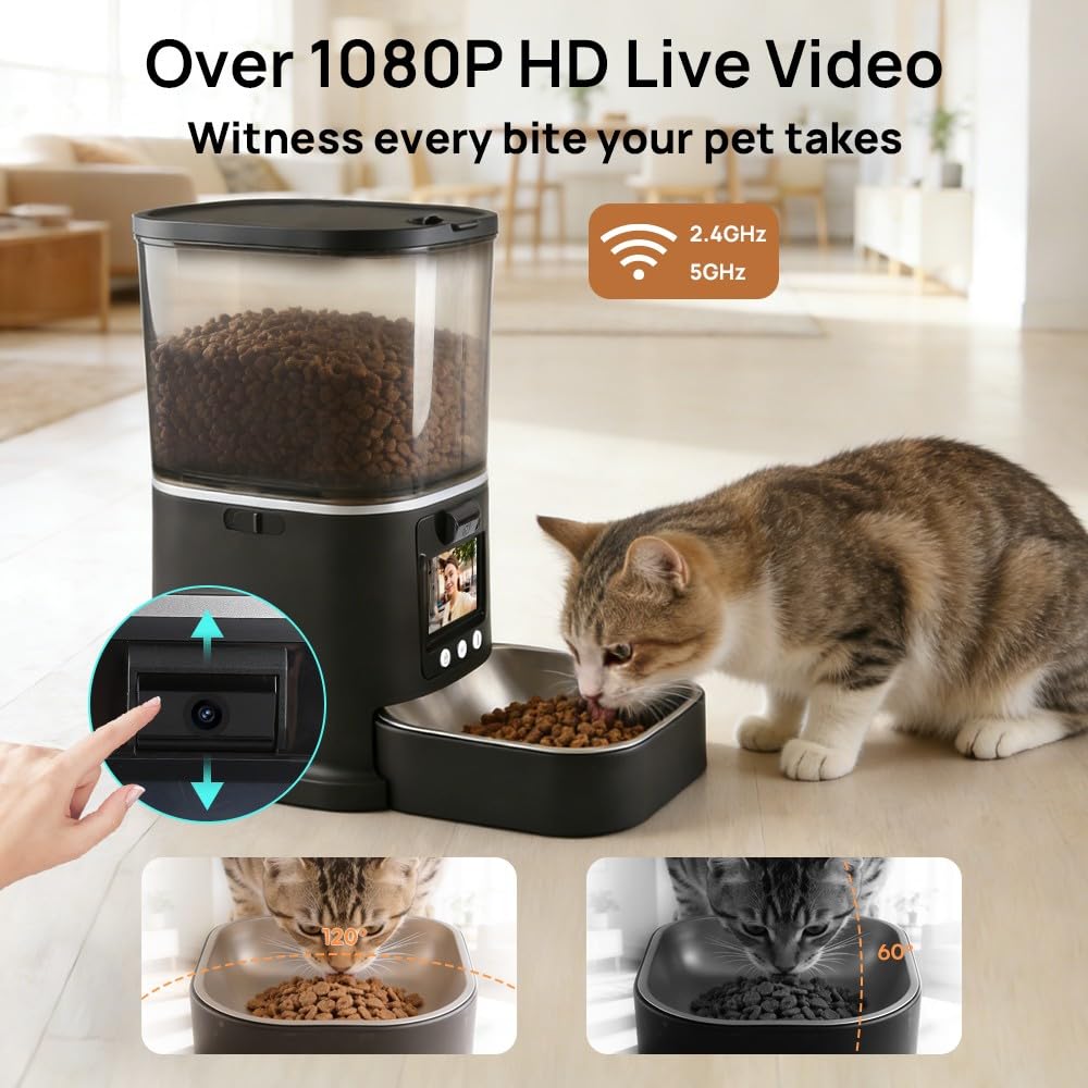NUANTU 5L Automatic Cat Feeder with Camera, Two-Way Video 3MP HD & Audio, 5G WiFi Automatic Dog Feeder with Night Vision, Cat Food Dispenser with Dog Food Container for Multiple Pets