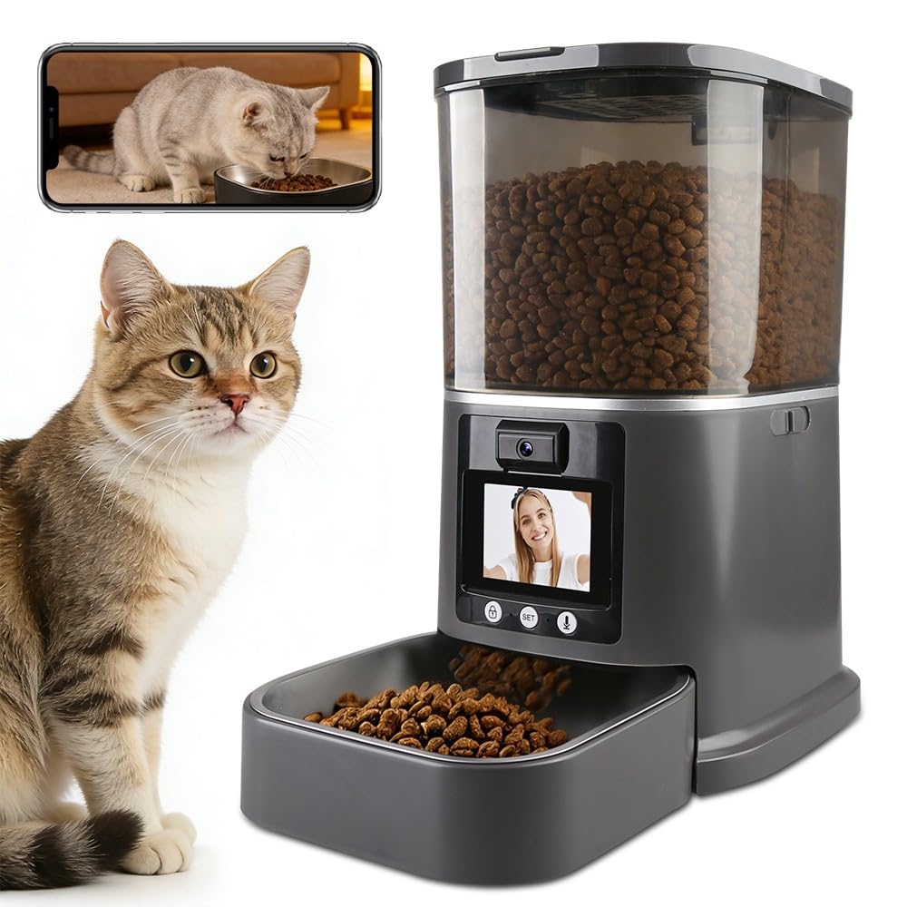 NUANTU 5L Automatic Cat Feeder with Camera, Two-Way Video 3MP HD & Audio, 5G WiFi Automatic Dog Feeder with Night Vision, Cat Food Dispenser with Dog Food Container for Multiple Pets