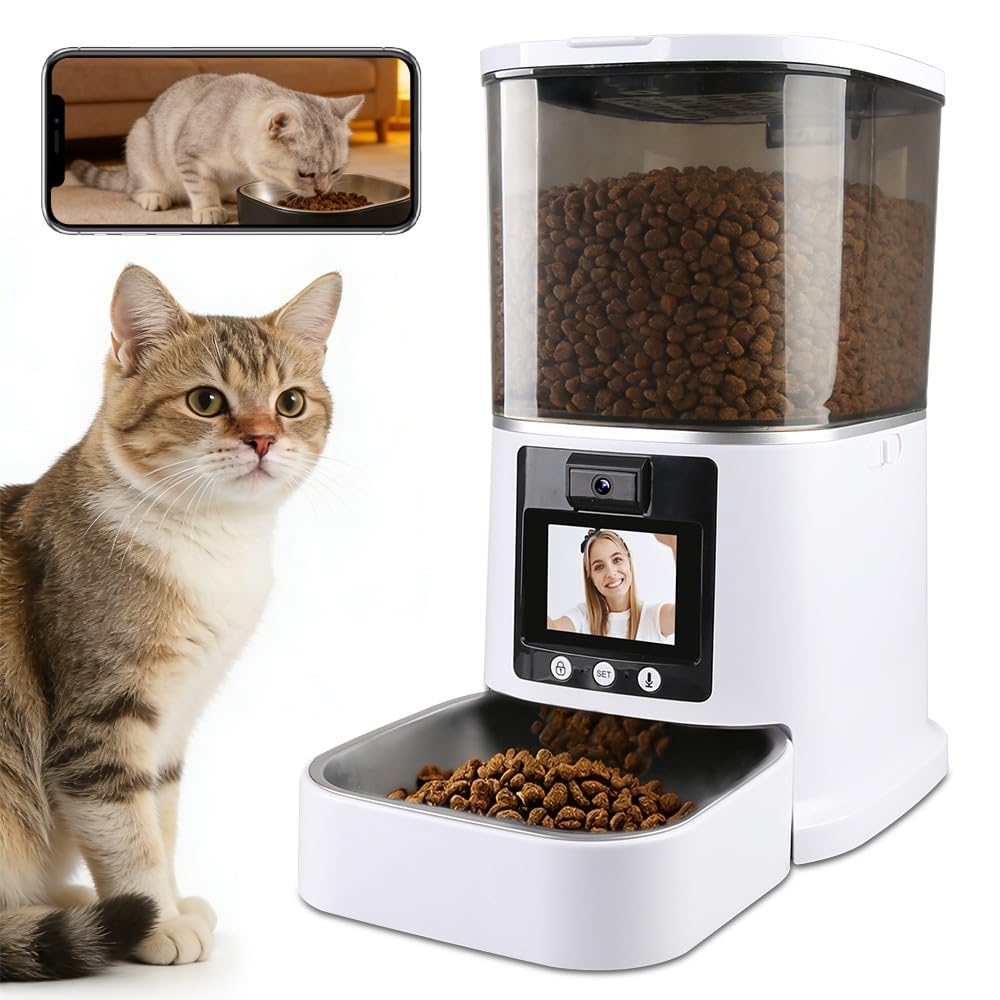NUANTU 5L Automatic Cat Feeder with Camera, Two-Way Video 3MP HD & Audio, 5G WiFi Automatic Dog Feeder with Night Vision, Cat Food Dispenser with Dog Food Container for Multiple Pets