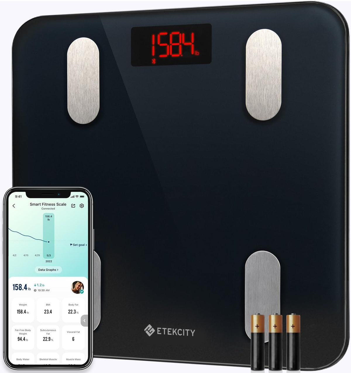 Etekcity Smart Scale for Body Weight and Fat Percentage, Digital Bathroom Accurate Weighing Machine for People's BMI Muscle, Bluetooth Electronic Body Composition Monitor Syncs with App, 400lb, White