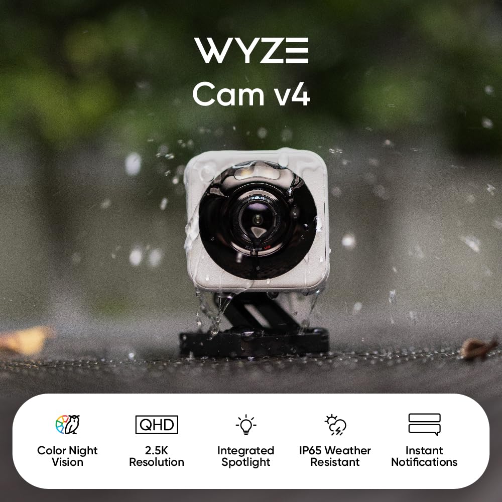 Wyze Cam v4, 2K HD Wi-Fi Smart Home Security Camera, Indoor/Outdoor Use, Pet/Baby Monitor, Motion Activated Spotlight/Siren, Enhanced Color Night Vision, 2-Way Audio, Local/Cloud Storage, Wired