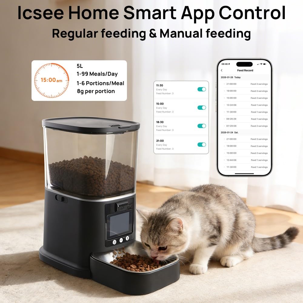NUANTU 5L Automatic Cat Feeder with Camera, Two-Way Video 3MP HD & Audio, 5G WiFi Automatic Dog Feeder with Night Vision, Cat Food Dispenser with Dog Food Container for Multiple Pets