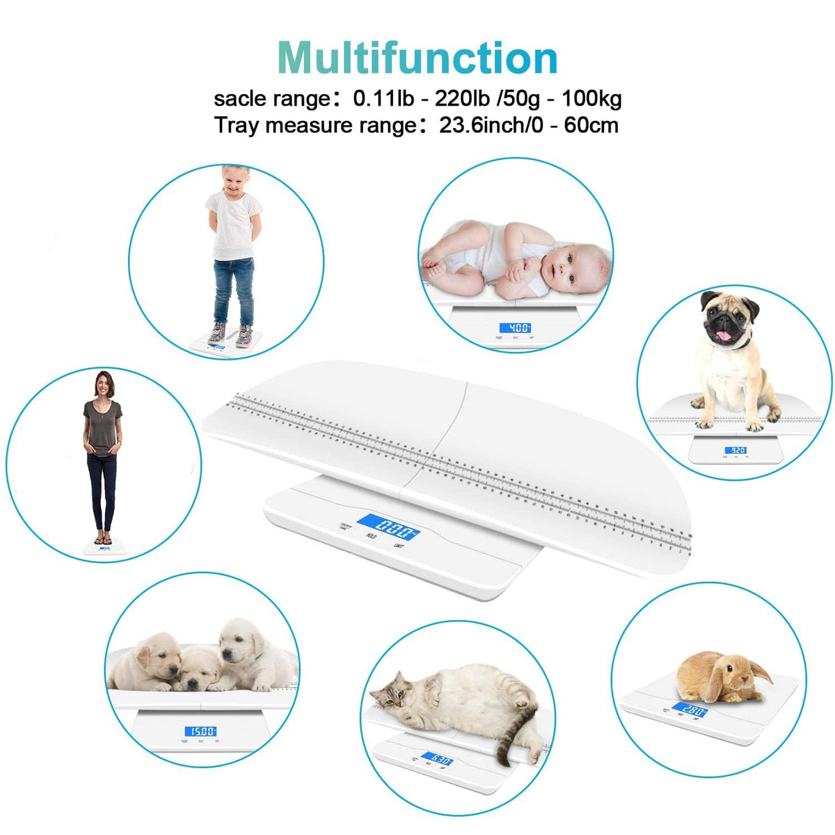Digital pet & Baby Scale, 3 Modes (kg/oz/lb), max 220 lbs, Precision 0.02 lbs, auto-Hold, Integrated Design, for Infants, Cats, Dogs, Puppies & Moms.