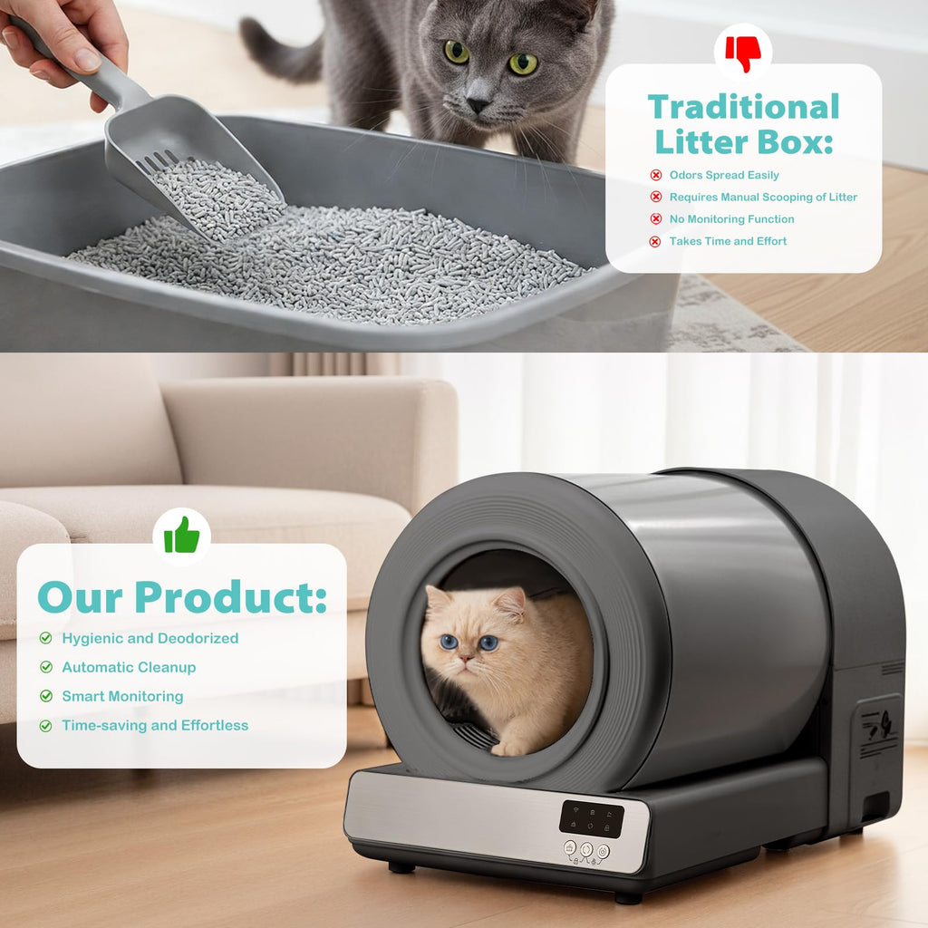 Self-Cleaning Cat Litter Bowl, Large Capacity Automatic Cat Toilet, APP Smart Control, Multi-Indicator Monitor, Includes Litter Mat and Accessories Set