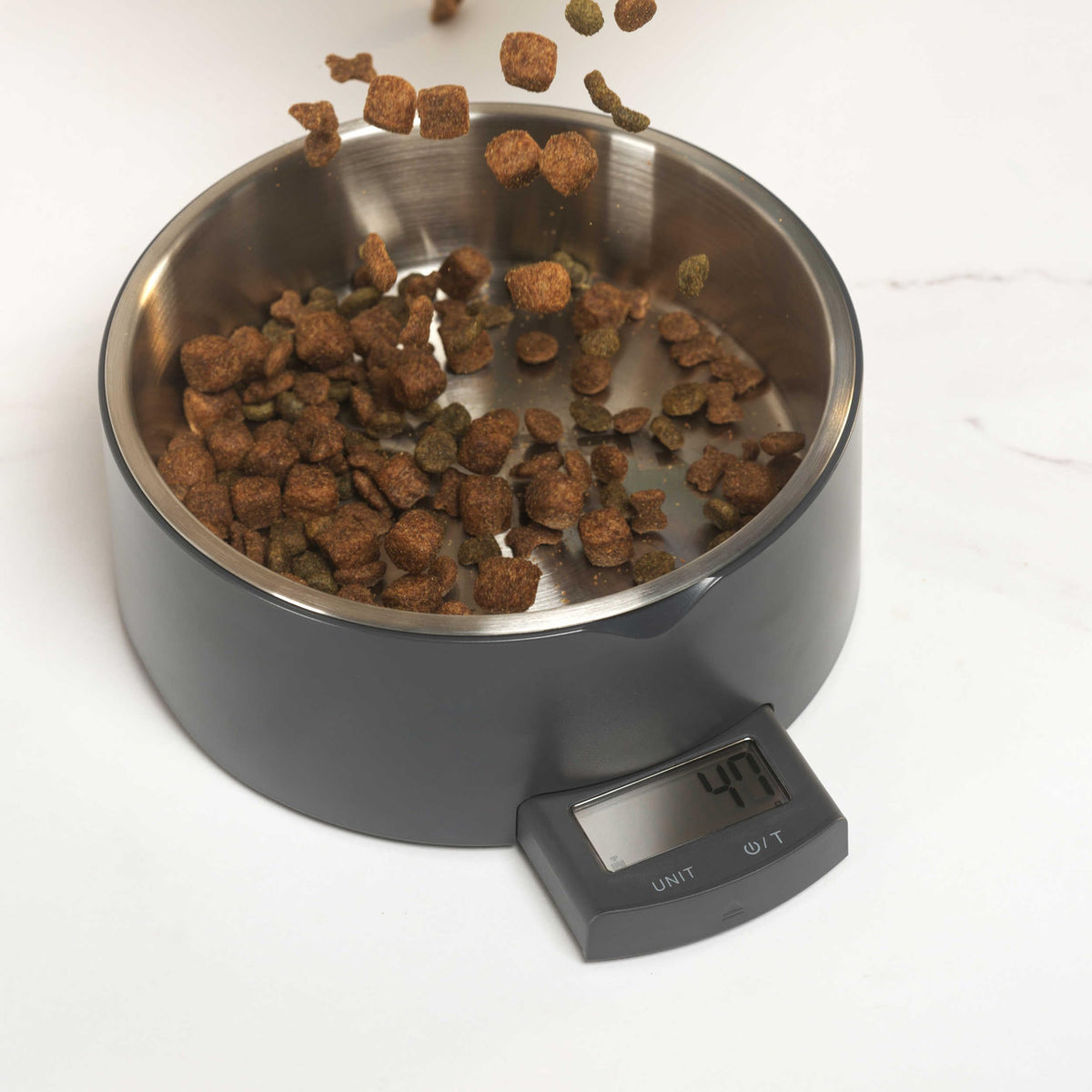 Salter Digital Pet Food Scale – Smart Dog Bowl, Add & Weigh Tare Function, Measures Liquids, Pull Out LCD Display, Kitchen Food Weighing Bowl, 5 kg Capacity, Stainless Steel Bowl, Cat Feeder, Grey