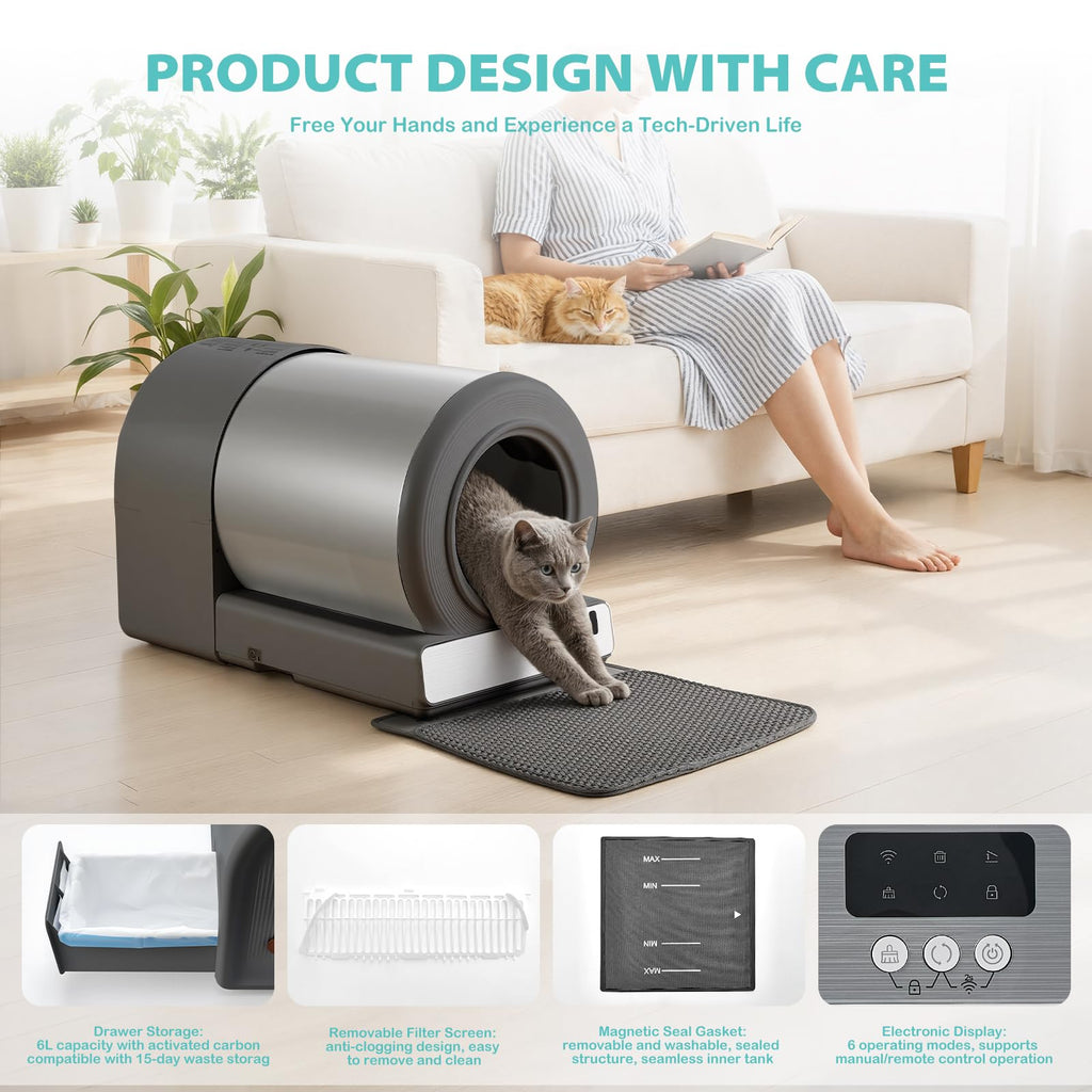 Self-Cleaning Cat Litter Bowl, Large Capacity Automatic Cat Toilet, APP Smart Control, Multi-Indicator Monitor, Includes Litter Mat and Accessories Set