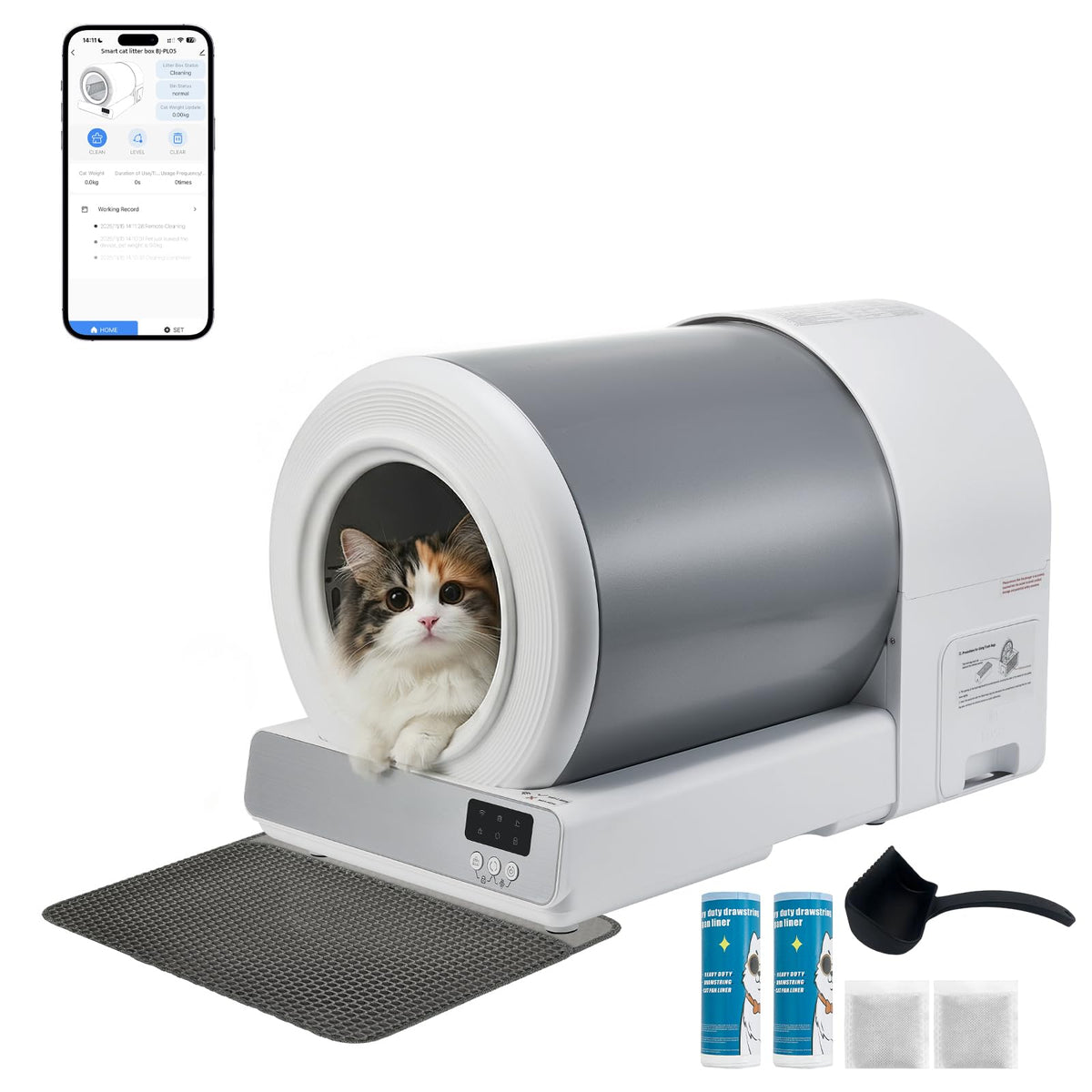 Self-Cleaning Cat Litter Bowl, Large Capacity Automatic Cat Toilet, APP Smart Control, Multi-Indicator Monitor, Includes Litter Mat and Accessories Set