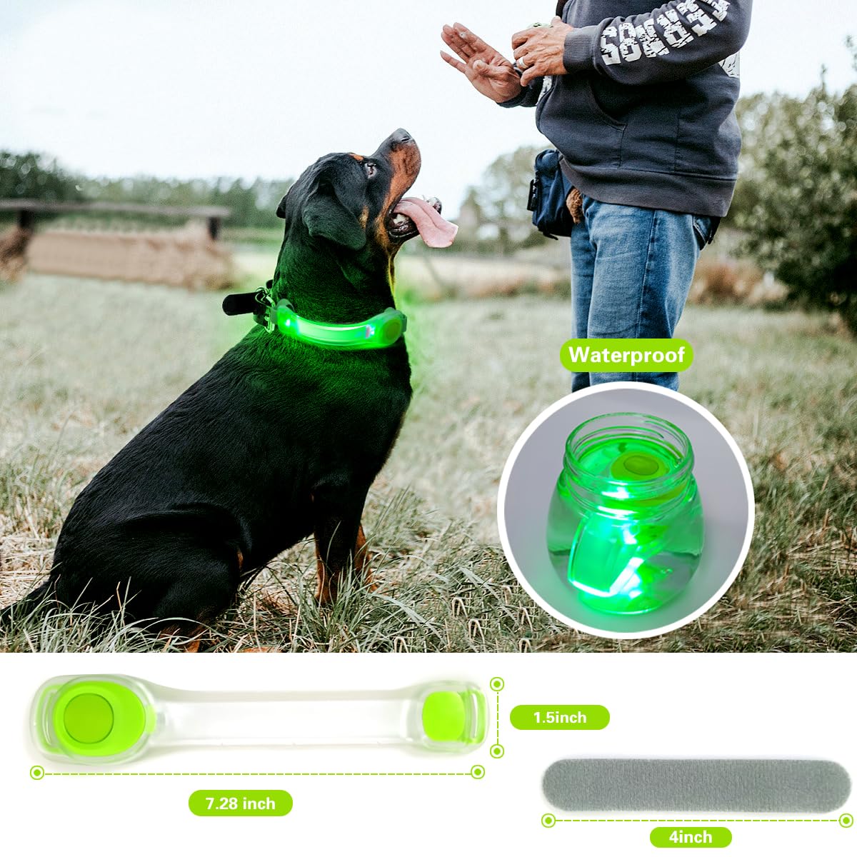 2 Pack LED Light for Dog Leash Harness, Light Up Dog Collar with Nylon Stickers, Waterproof Glow Light Easy to Attach to Collar Leash and Harness, Safety LED Light Up Band for Dogs at Night Walking