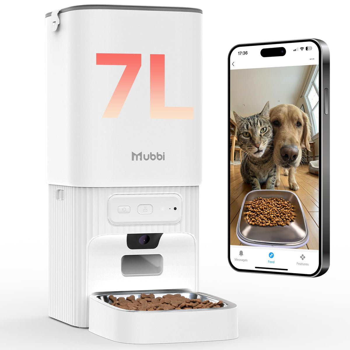 Automatic Cat Feeder, 7L/29 Cups Automatic Dog Feeder with Desiccant Bag, 1-6 Meals Ideal for 2-15mm Dry Food, Suitble for Multiple Pets, Dual Power Supply, Detachable Washable
