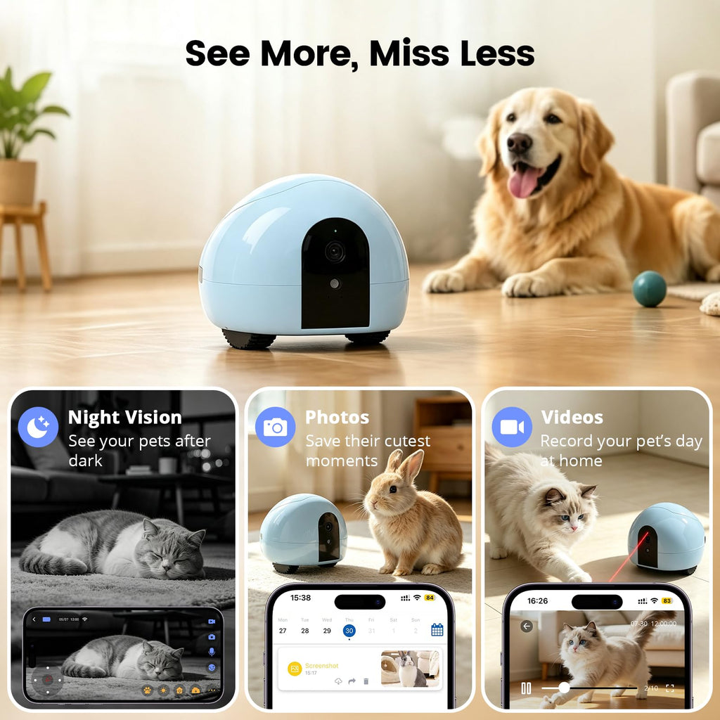 PUMPKII Pet Camera Robot with Treat Dispenser & Laser, Moving Cat Robot Camera for Dogs and Cats with Two-Way Audio, App Remote Control, Auto Recharge, Night Vision