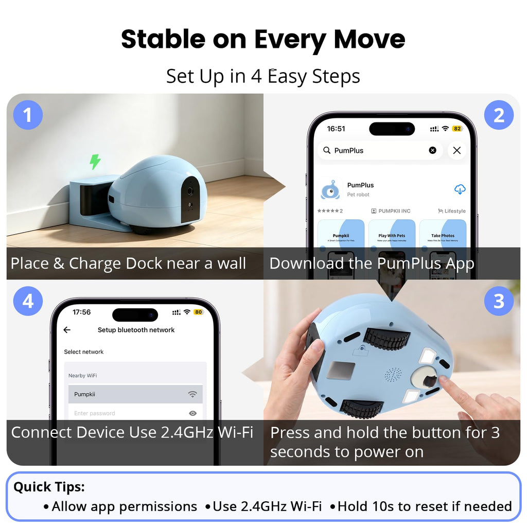 PUMPKII Pet Camera Robot with Treat Dispenser & Laser, Moving Cat Robot Camera for Dogs and Cats with Two-Way Audio, App Remote Control, Auto Recharge, Night Vision