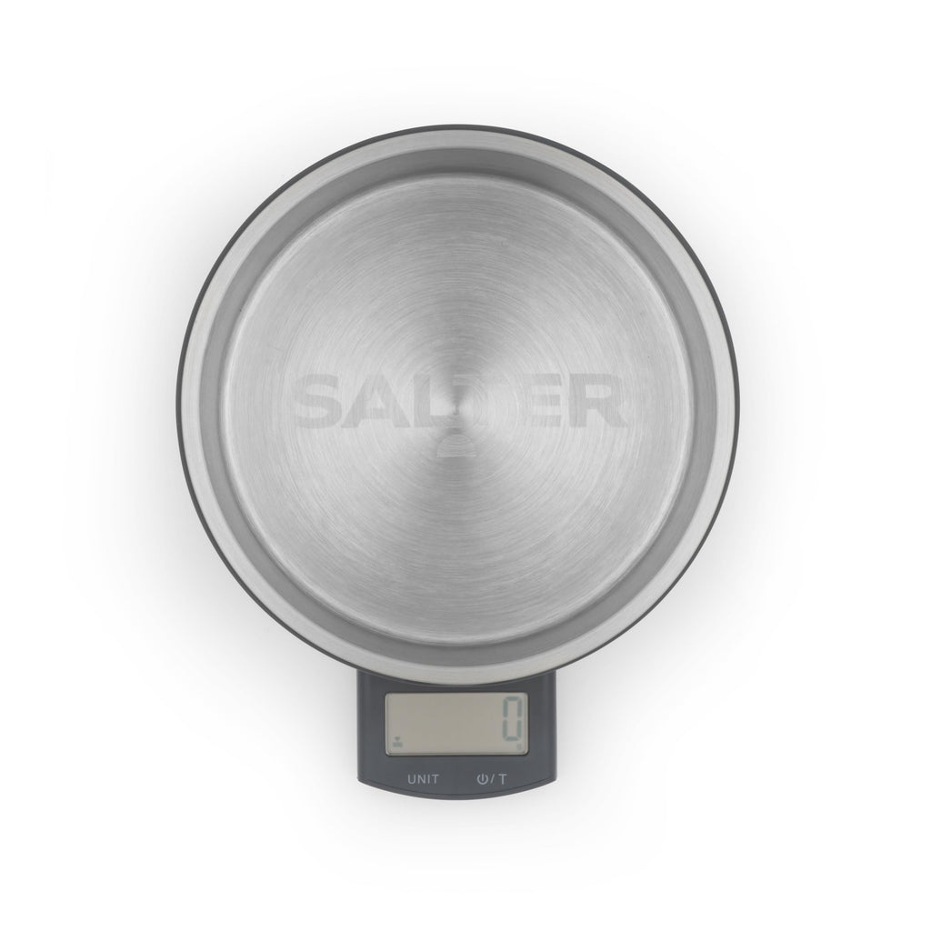 Salter Digital Pet Food Scale – Smart Dog Bowl, Add & Weigh Tare Function, Measures Liquids, Pull Out LCD Display, Kitchen Food Weighing Bowl, 5 kg Capacity, Stainless Steel Bowl, Cat Feeder, Grey