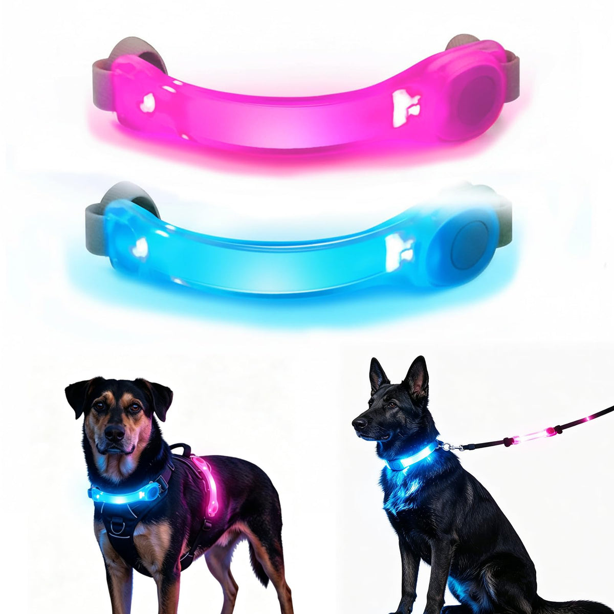 2 Pack LED Light for Dog Leash Harness, Light Up Dog Collar with Nylon Stickers, Waterproof Glow Light Easy to Attach to Collar Leash and Harness, Safety LED Light Up Band for Dogs at Night Walking