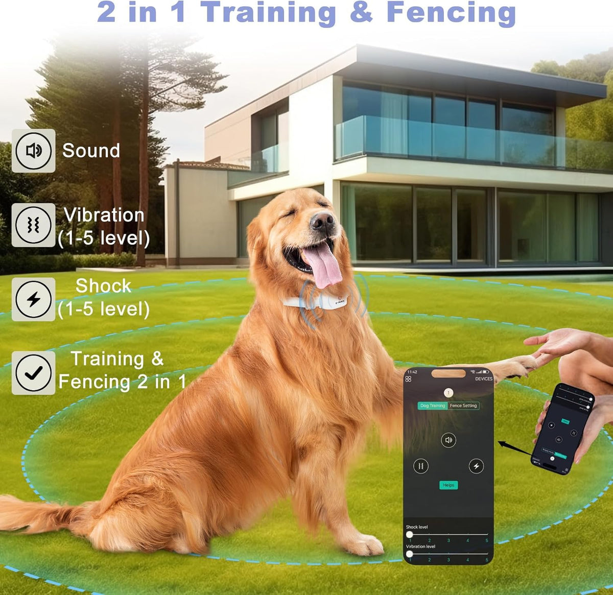 Wireless GPS Dog Collar Fence –Electric Containment System, No Monthly Fee, Adjustable Beep, Vibration & Static. 48H Waterproof Rechargeable Collar for Backyard Escape Prevention & Camping