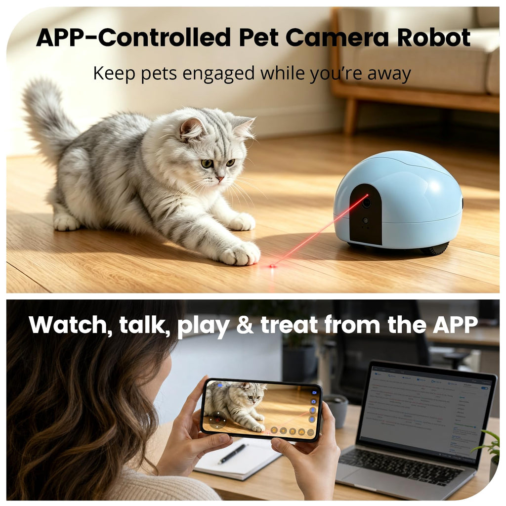 PUMPKII Pet Camera Robot with Treat Dispenser & Laser, Moving Cat Robot Camera for Dogs and Cats with Two-Way Audio, App Remote Control, Auto Recharge, Night Vision