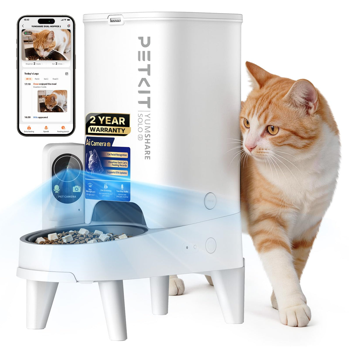 PETKIT Automatic Cat Feeder with Camera, 1080P HD Video with Night Vision, 2.4G WiFi Pet Feeder for Cat & Small Dog, 2-Way Audio & Meal Call Pet Food Dispenser with Desiccant Bag, Motion Capturing