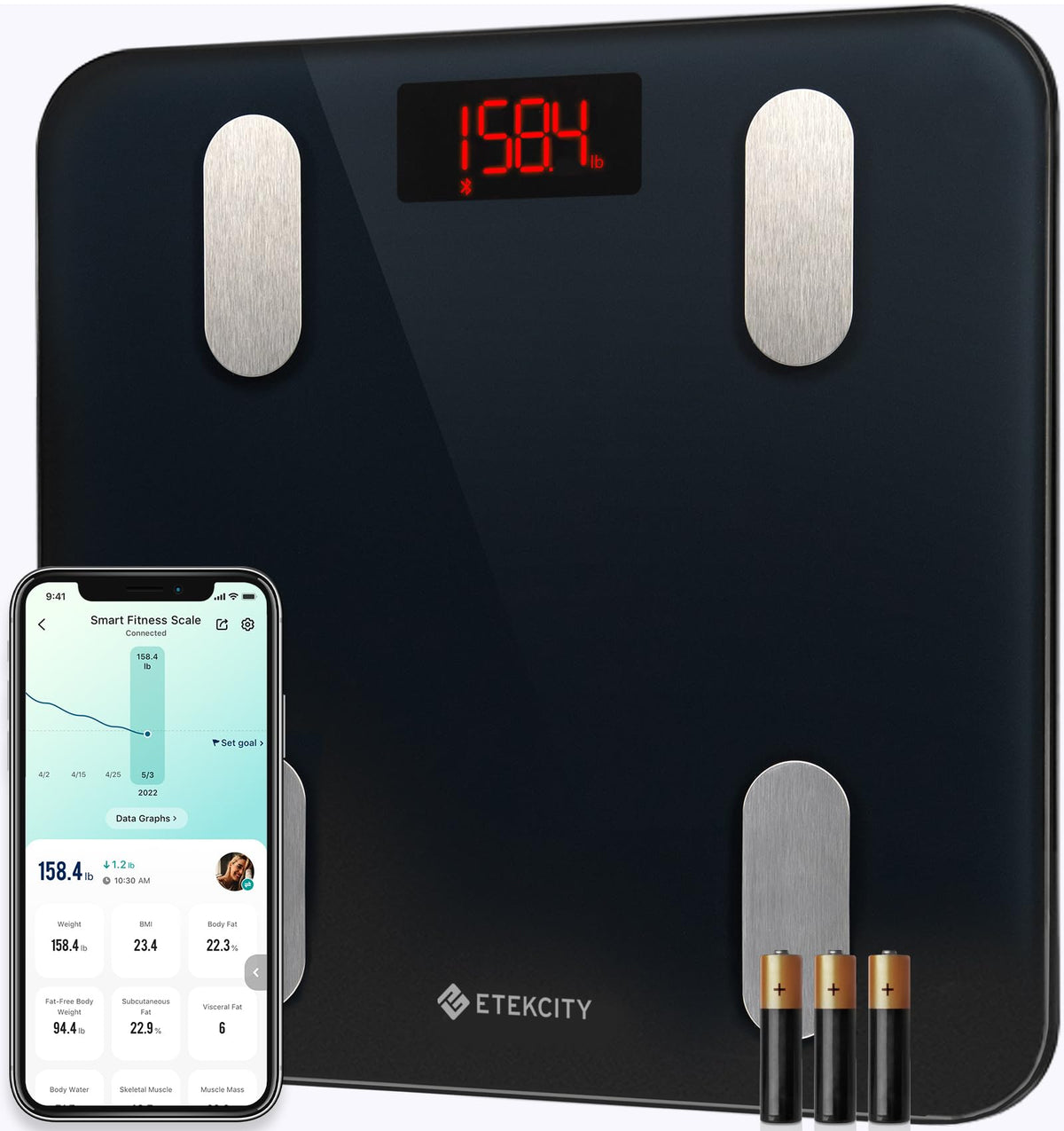 Etekcity Smart Scale for Body Weight and Fat Percentage, Digital Bathroom Accurate Weighing Machine for People's BMI Muscle, Bluetooth Electronic Body Composition Monitor Syncs with App, 400lb, White