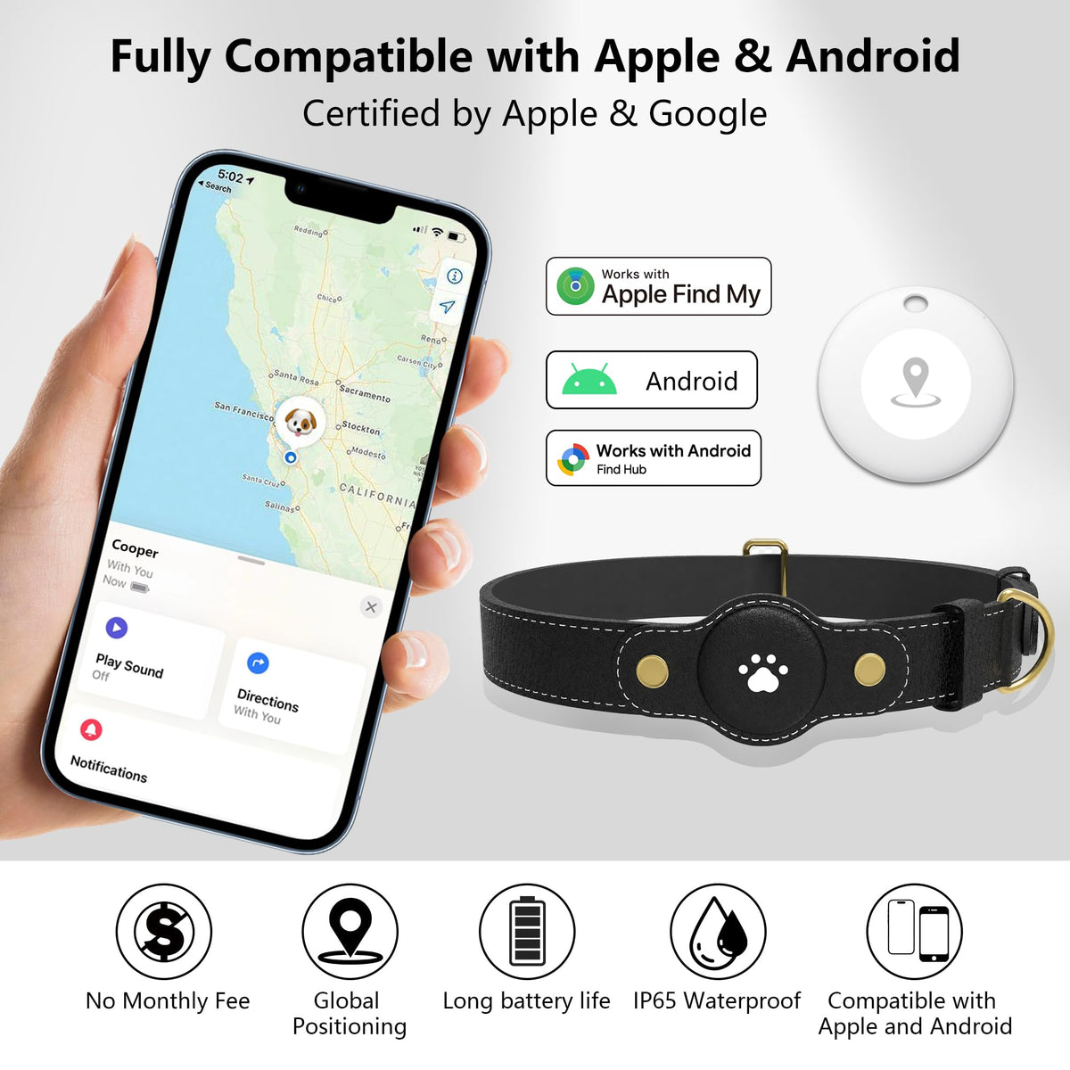 GPS Tracker for Dogs – Smart Dog Collar & Pet Tracker with Real-Time Location, No Monthly Fee, Unlimited Range (iOS & Android) – Fits Small to Large Dogs(Locator Included)