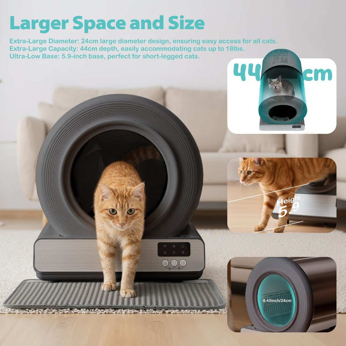 Self-Cleaning Cat Litter Bowl, Large Capacity Automatic Cat Toilet, APP Smart Control, Multi-Indicator Monitor, Includes Litter Mat and Accessories Set