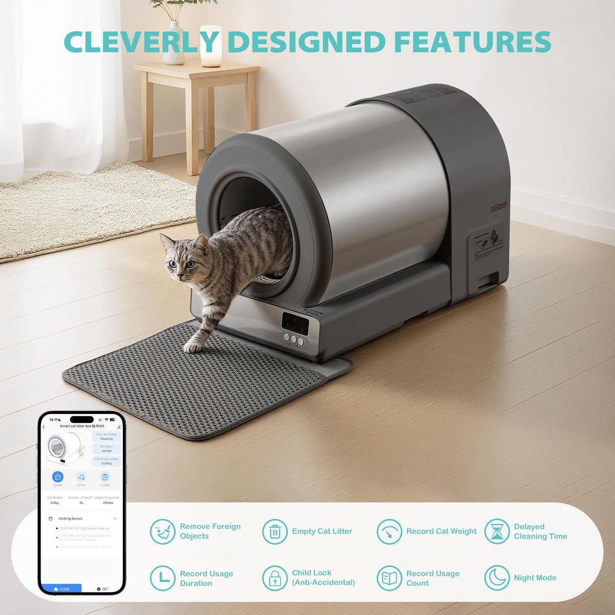 Self-Cleaning Cat Litter Bowl, Large Capacity Automatic Cat Toilet, APP Smart Control, Multi-Indicator Monitor, Includes Litter Mat and Accessories Set