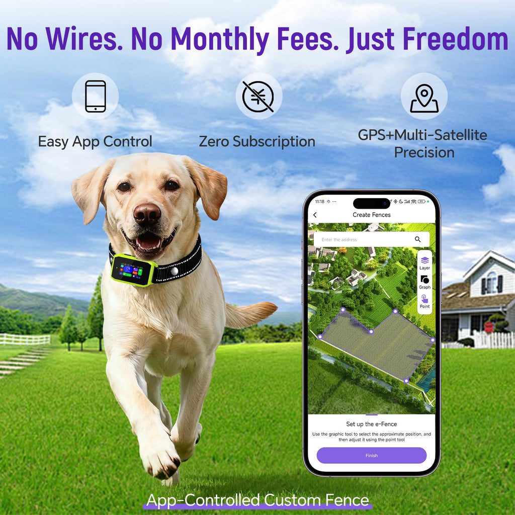 RAINLEOTI GPS Wireless Dog Fence & Remote Training Collar, Free APP Control, No Subscription Fee, Adjustable GPS Boundary for Dogs 10-120 lbs