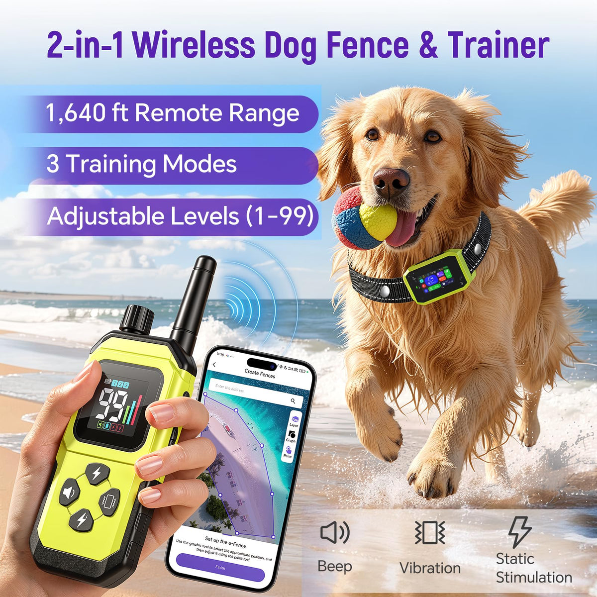 RAINLEOTI GPS Wireless Dog Fence & Remote Training Collar, Free APP Control, No Subscription Fee, Adjustable GPS Boundary for Dogs 10-120 lbs