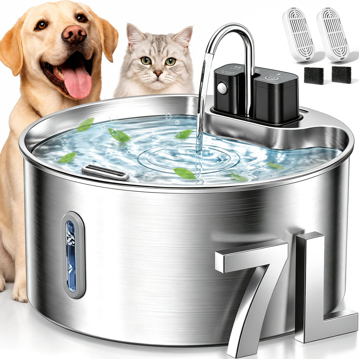 Dog Water Fountain, Stainless Steel Dog Water Fountain with Visual Water Level, Super Quiet Dog Water Bowl, 5-Stage Filtration Pet Water Dispenser, Easy to Clean