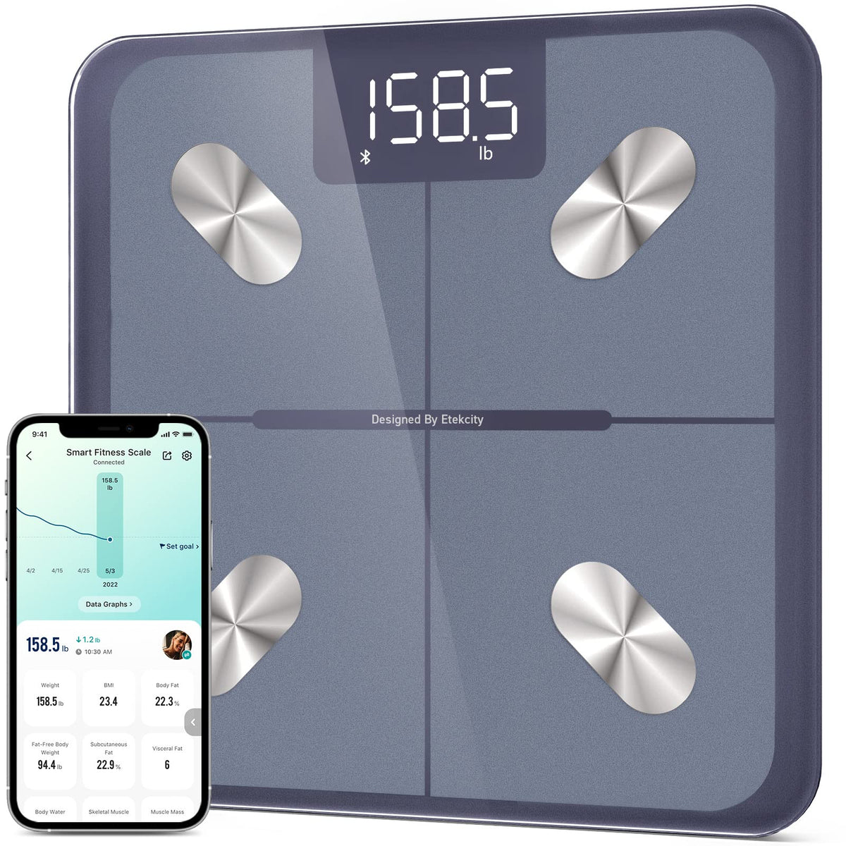 Etekcity Smart Scale for Body Weight and Fat Percentage, Digital Bathroom Accurate Weighing Machine for People's BMI Muscle, Bluetooth Electronic Body Composition Monitor Syncs with App, 400lb, White