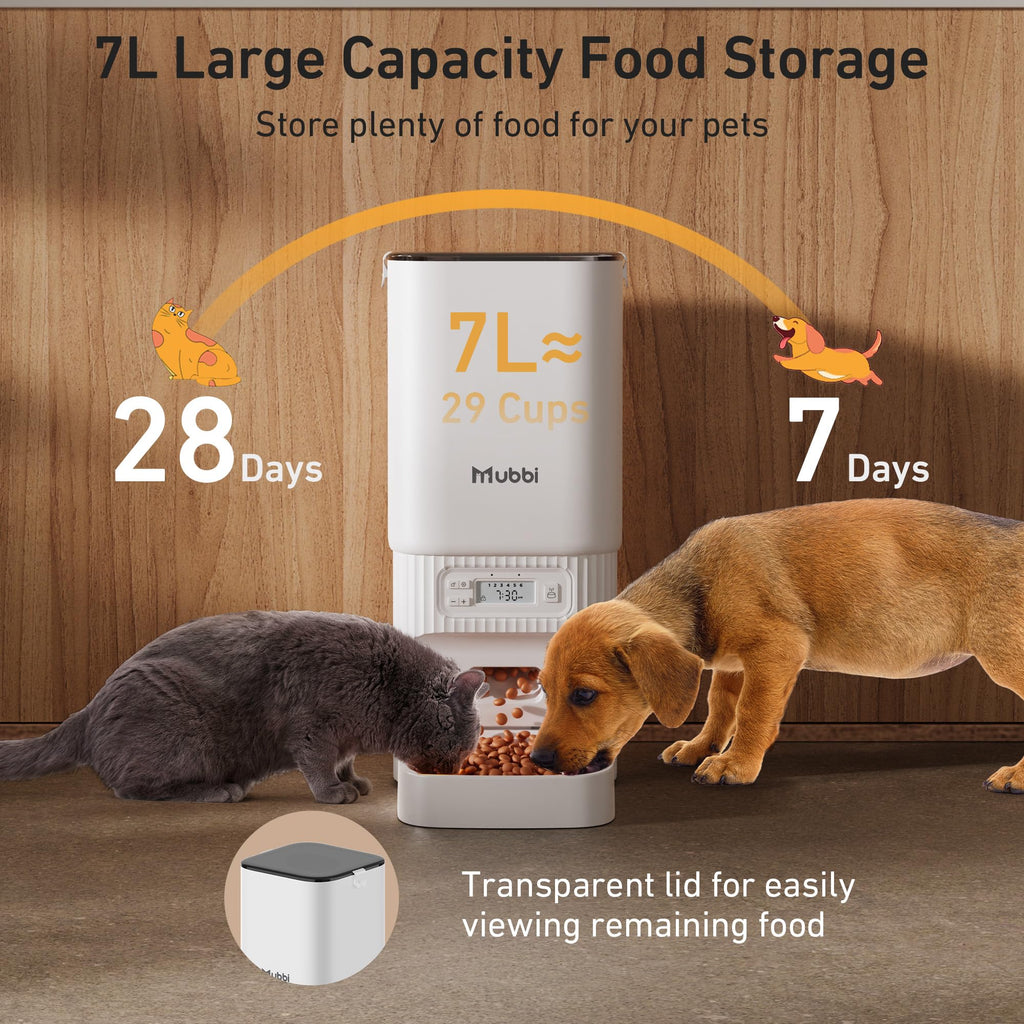 Automatic Cat Feeder, 7L/29 Cups Automatic Dog Feeder with Desiccant Bag, 1-6 Meals Ideal for 2-15mm Dry Food, Suitble for Multiple Pets, Dual Power Supply, Detachable Washable