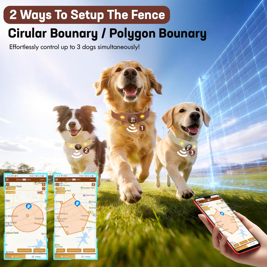 GPS Wireless Dog Fence Collar with Free App, Smart Portable Electric Dog Fence, 64-3280ft Adjustable Boundary, Rechargeable IP7 Waterproof, for Small Medium Large Dogs Outdoor Use