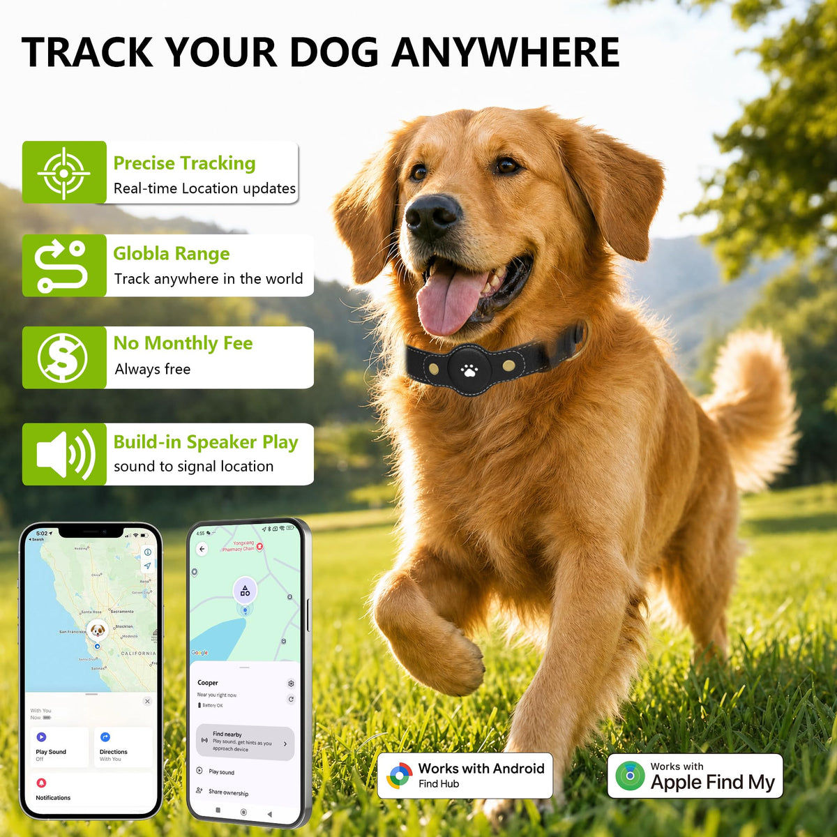 GPS Tracker for Dogs – Smart Dog Collar & Pet Tracker with Real-Time Location, No Monthly Fee, Unlimited Range (iOS & Android) – Fits Small to Large Dogs(Locator Included)