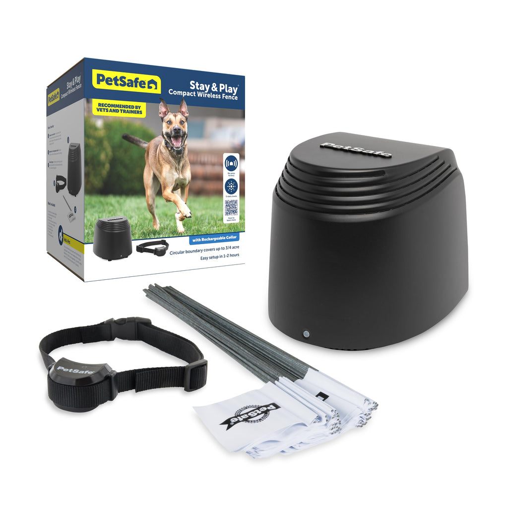 PetSafe Stay & Play Compact Wireless Fence, LCD Screen to Adjust the Circular Boundary, Secure up to a 3,000 Square Metre Area, Use for All Your Pets, Portable System