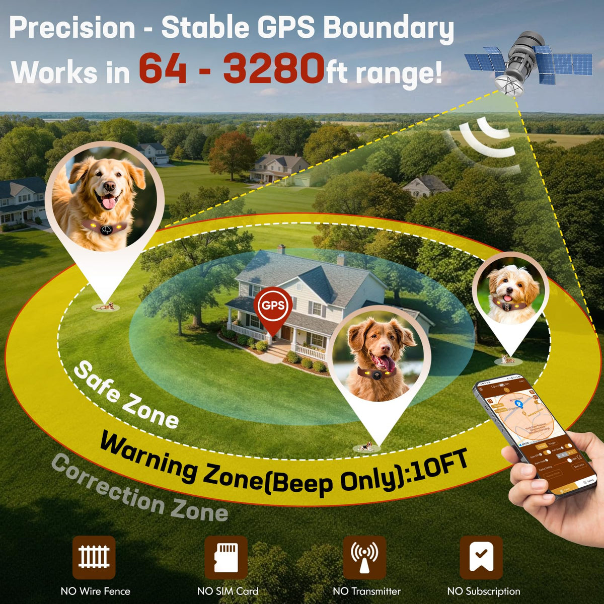 GPS Wireless Dog Fence Collar with Free App, Smart Portable Electric Dog Fence, 64-3280ft Adjustable Boundary, Rechargeable IP7 Waterproof, for Small Medium Large Dogs Outdoor Use