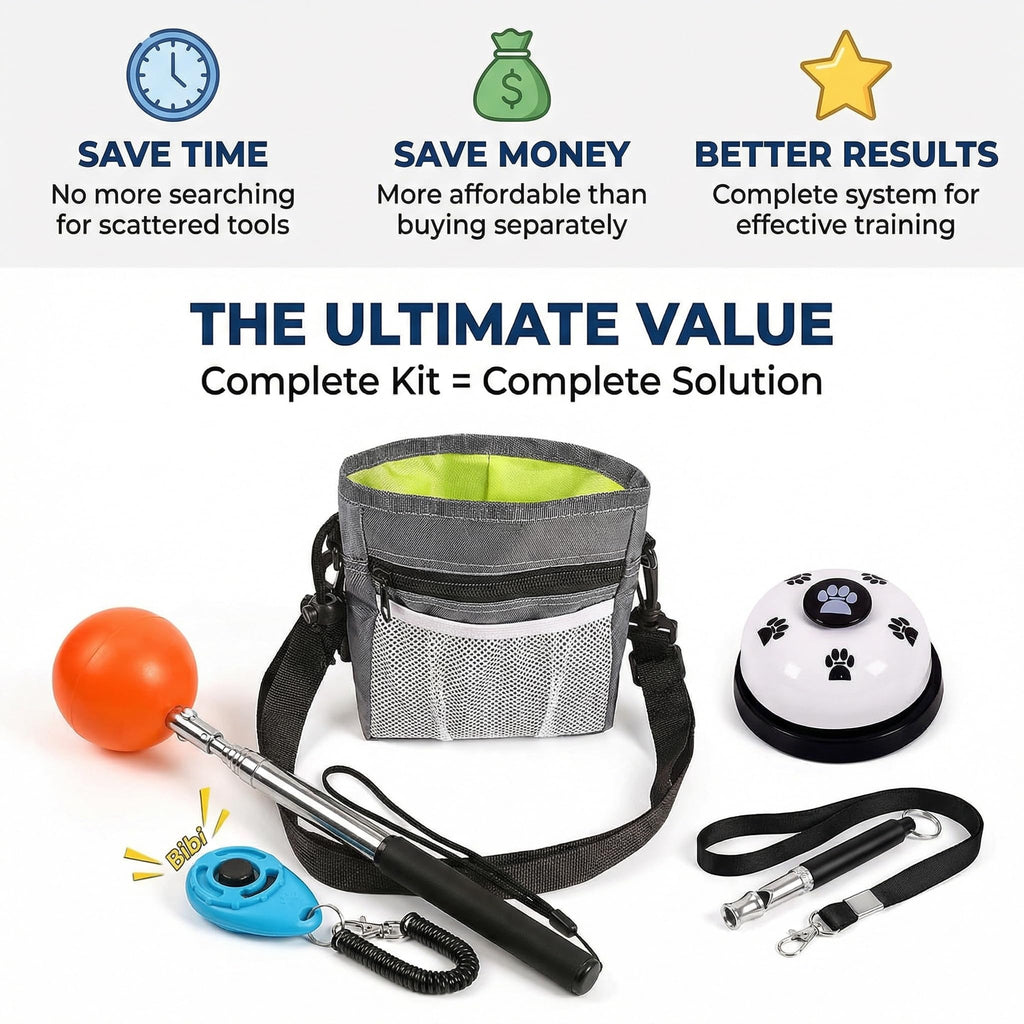 Pet Training Kit -Target Stick,Training Clicker,Whistle,Bell,Treat Pouch- Dog Training Equipment Tools, Agility Training Lure Course For Dogs,Cat Toilet Trainer Kit, Kitten Puppy Behavior Aids Trick