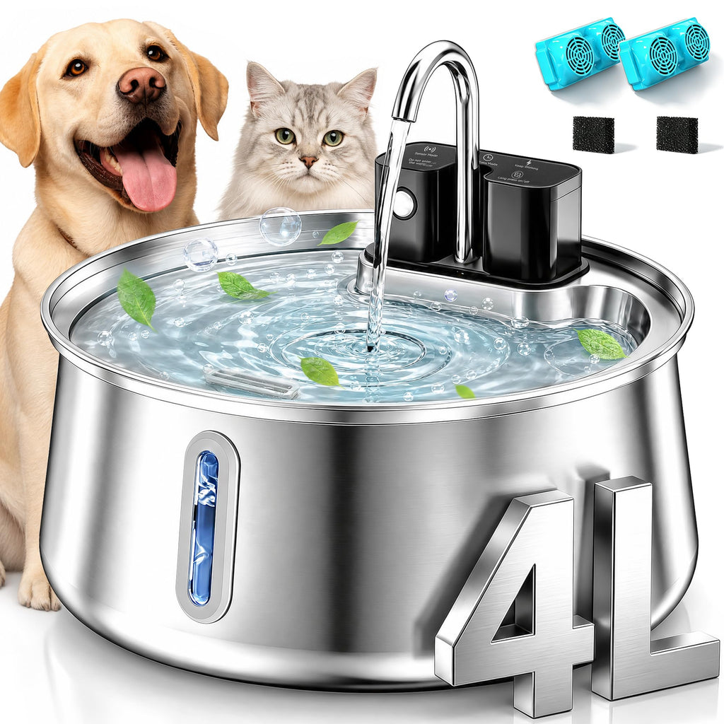 Dog Water Fountain, Stainless Steel Dog Water Fountain with Visual Water Level, Super Quiet Dog Water Bowl, 5-Stage Filtration Pet Water Dispenser, Easy to Clean