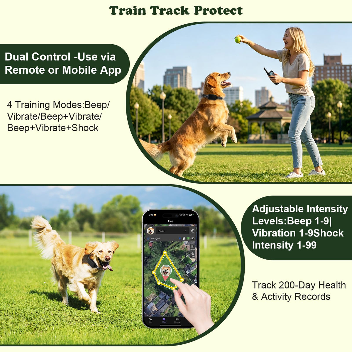GPS Wireless Dog Collar Fence System & Training Collar, No Monthly Fee App & Remote Training, Adjustable GPS Boundary Irregular Fence,4 Modes, 1-99 Level Training, IP67 Waterproof, 10-120 lbs Dogs