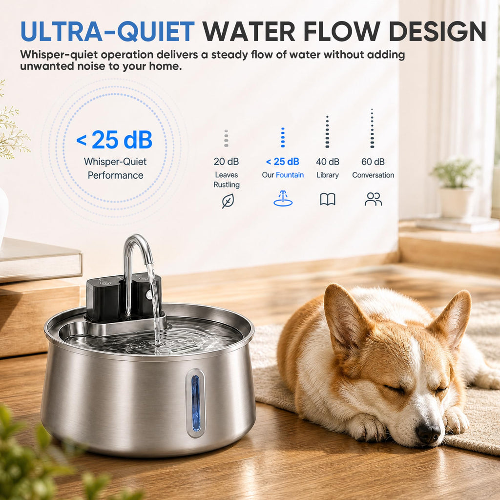 Dog Water Fountain, Stainless Steel Dog Water Fountain with Visual Water Level, Super Quiet Dog Water Bowl, 5-Stage Filtration Pet Water Dispenser, Easy to Clean