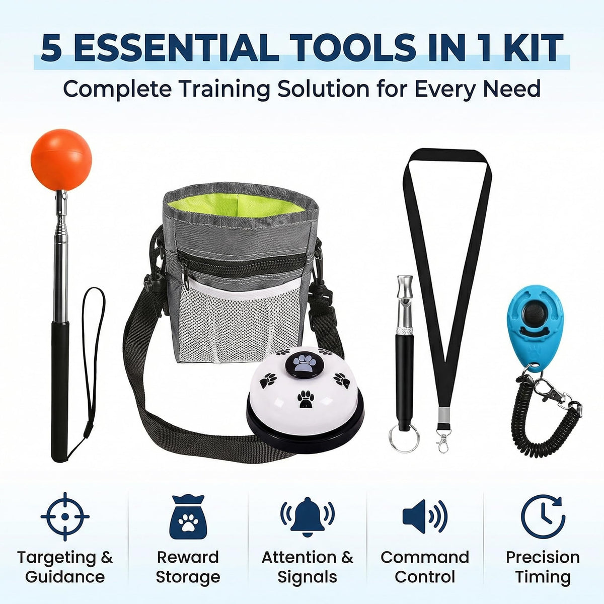 Pet Training Kit -Target Stick,Training Clicker,Whistle,Bell,Treat Pouch- Dog Training Equipment Tools, Agility Training Lure Course For Dogs,Cat Toilet Trainer Kit, Kitten Puppy Behavior Aids Trick