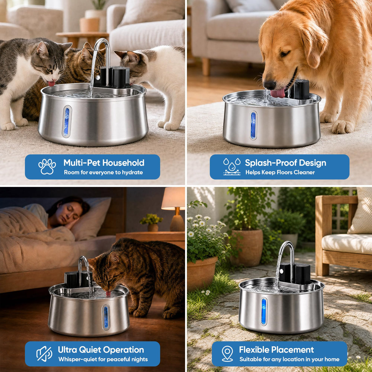 Dog Water Fountain, Stainless Steel Dog Water Fountain with Visual Water Level, Super Quiet Dog Water Bowl, 5-Stage Filtration Pet Water Dispenser, Easy to Clean